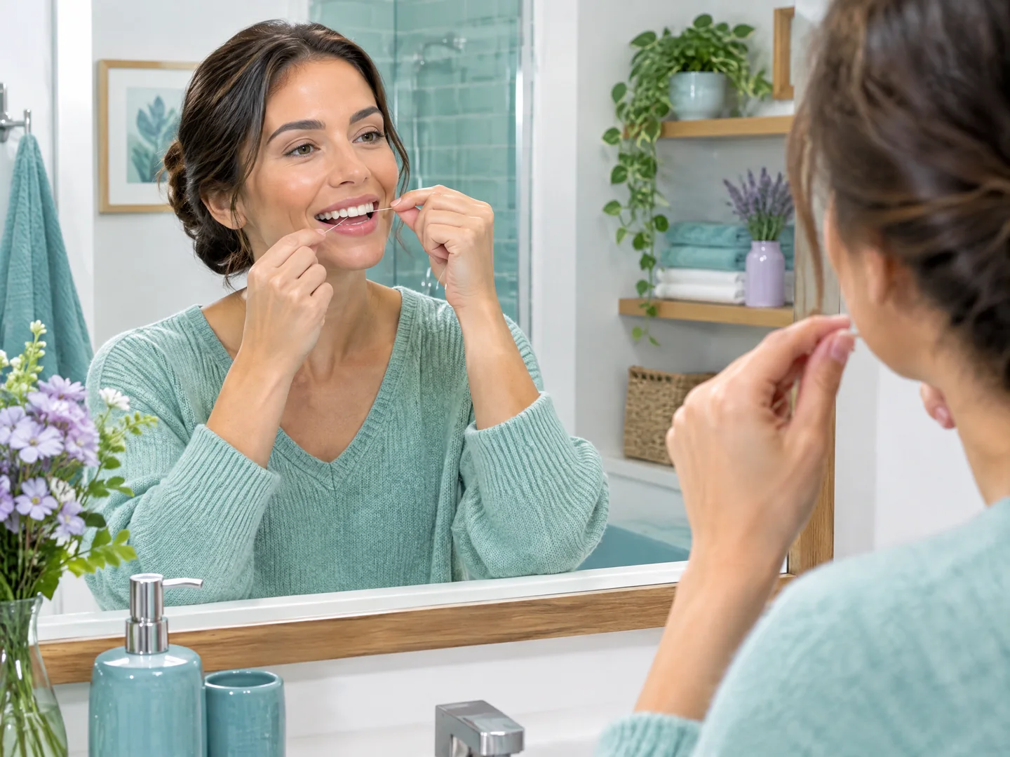 Adult demonstrating gentle flossing at the gumline in a bathroom mirror