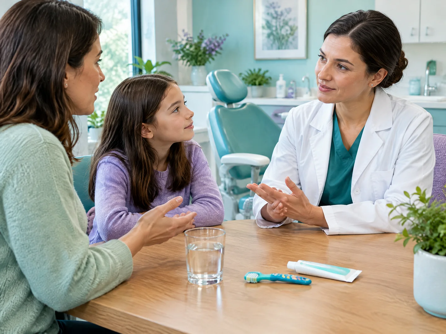 Parent and child discussing fluoride questions with a dentist