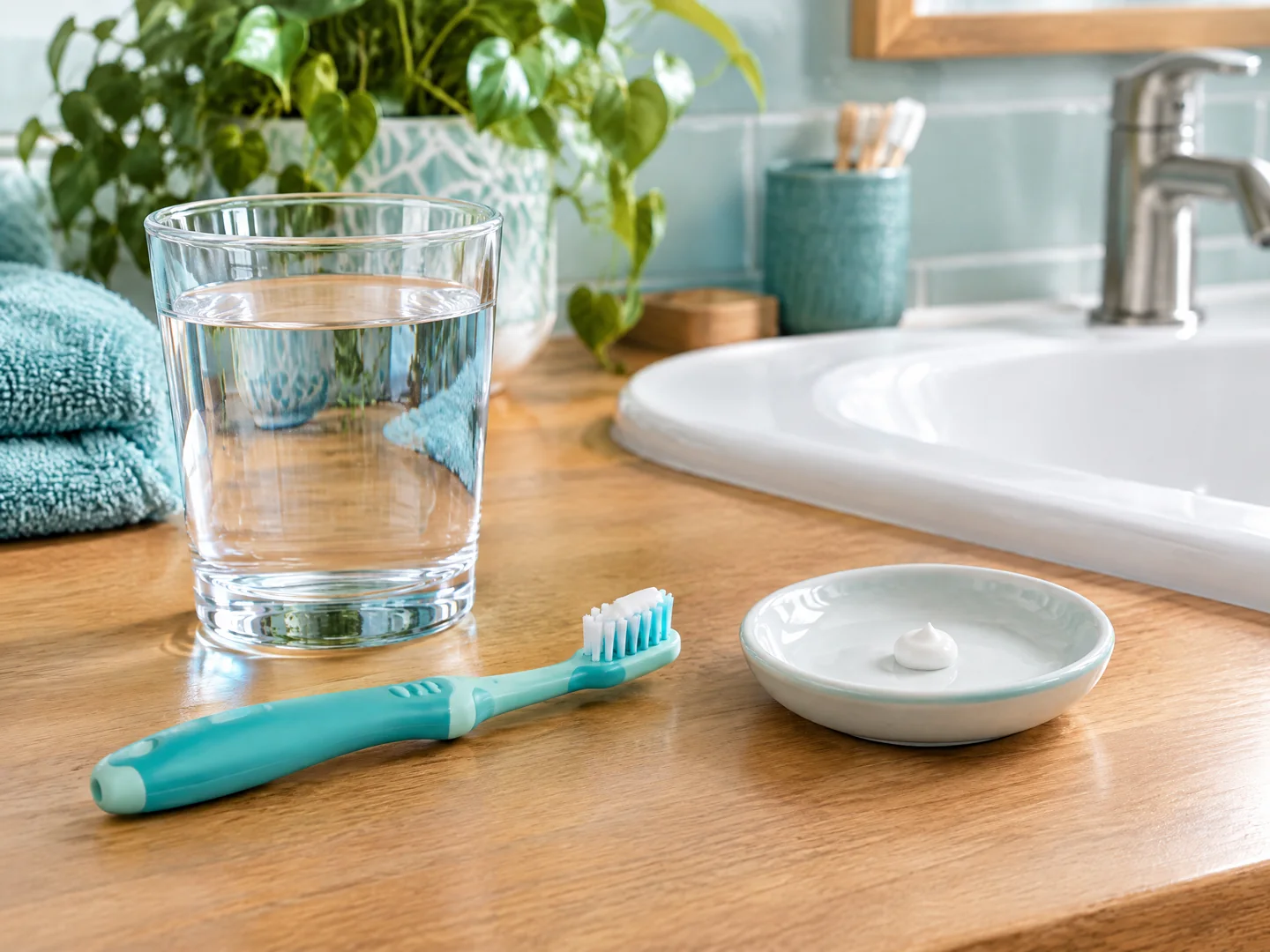 Glass of tap water, child-size toothbrush, and a small amount of toothpaste in a family bathroom