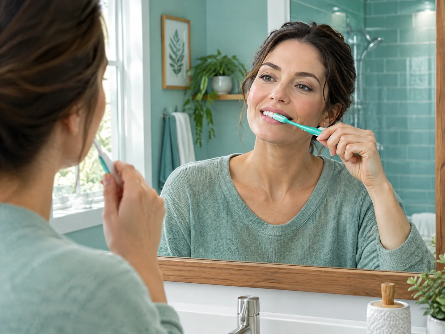 Adult demonstrating a gentle toothbrush angle near the gumline