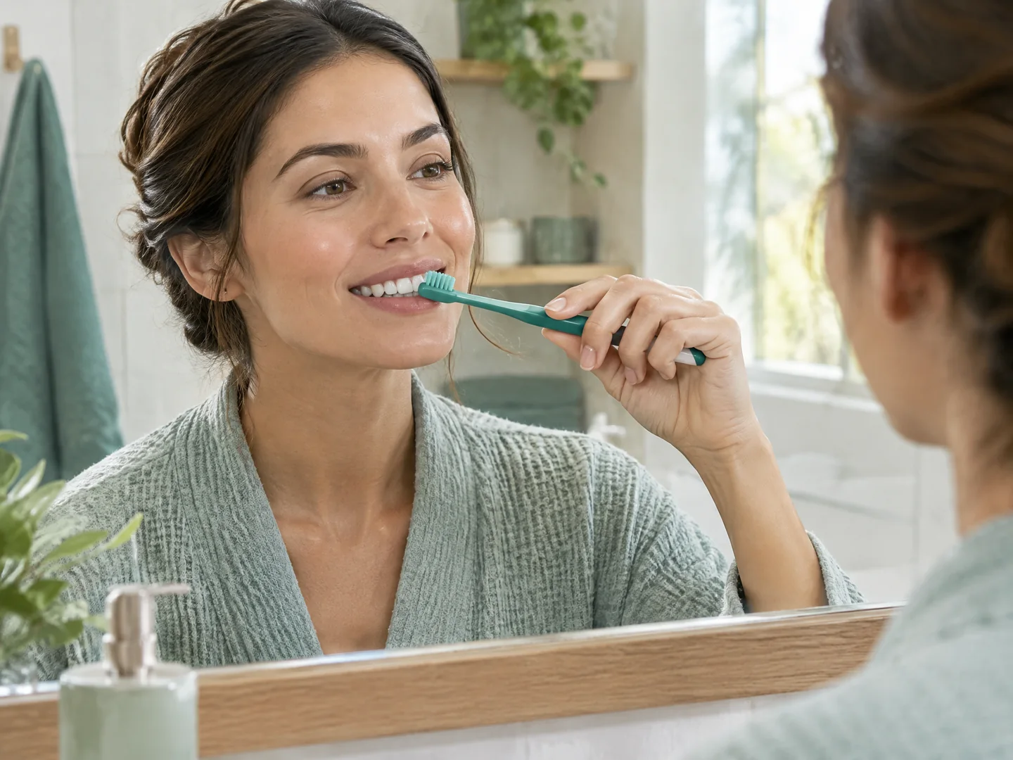 Adult using a soft-bristled toothbrush gently along the gumline