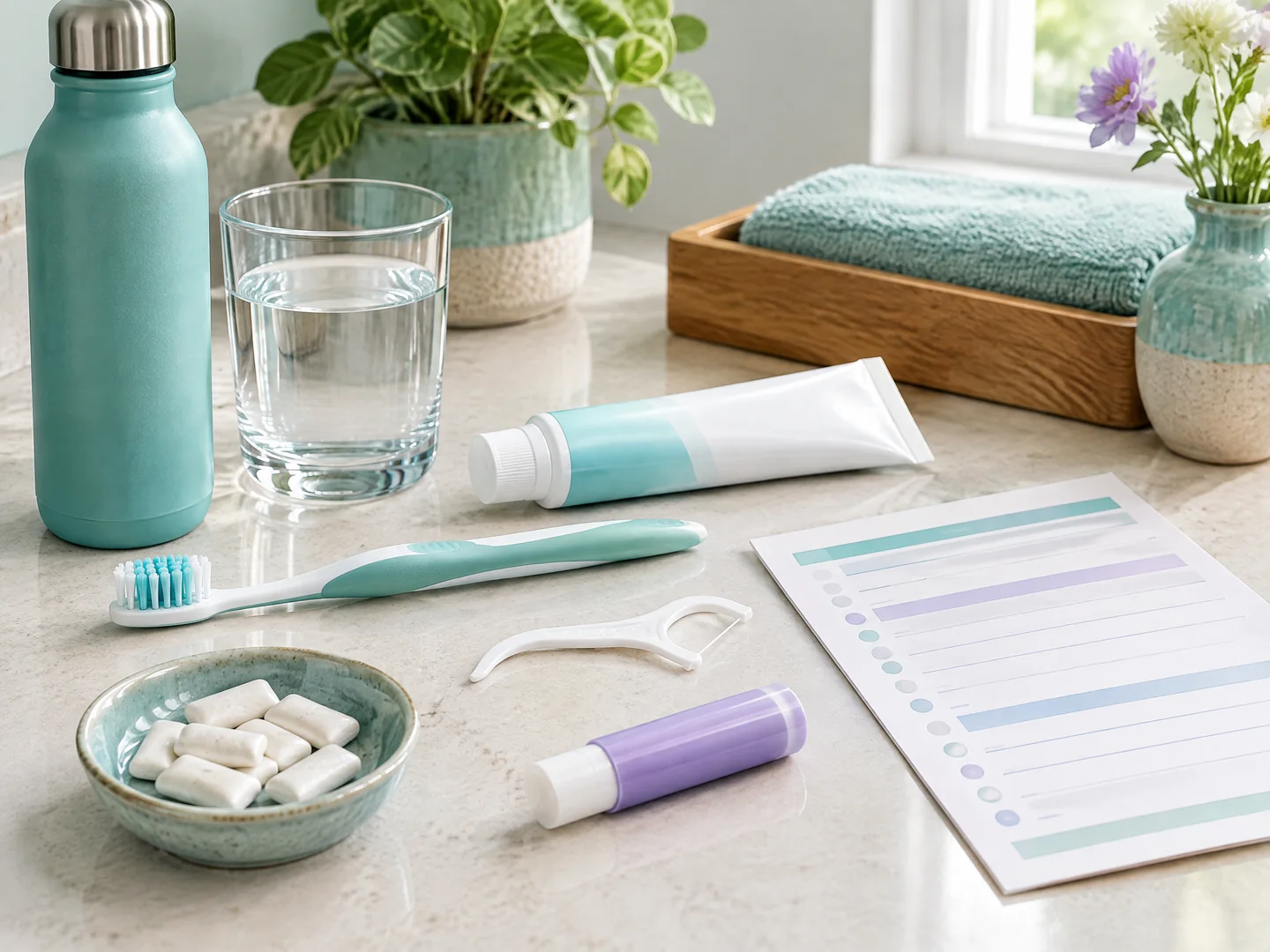 Water, soft toothbrush, fluoride toothpaste, floss holder, sugar-free gum, and lip balm for older-adult oral care