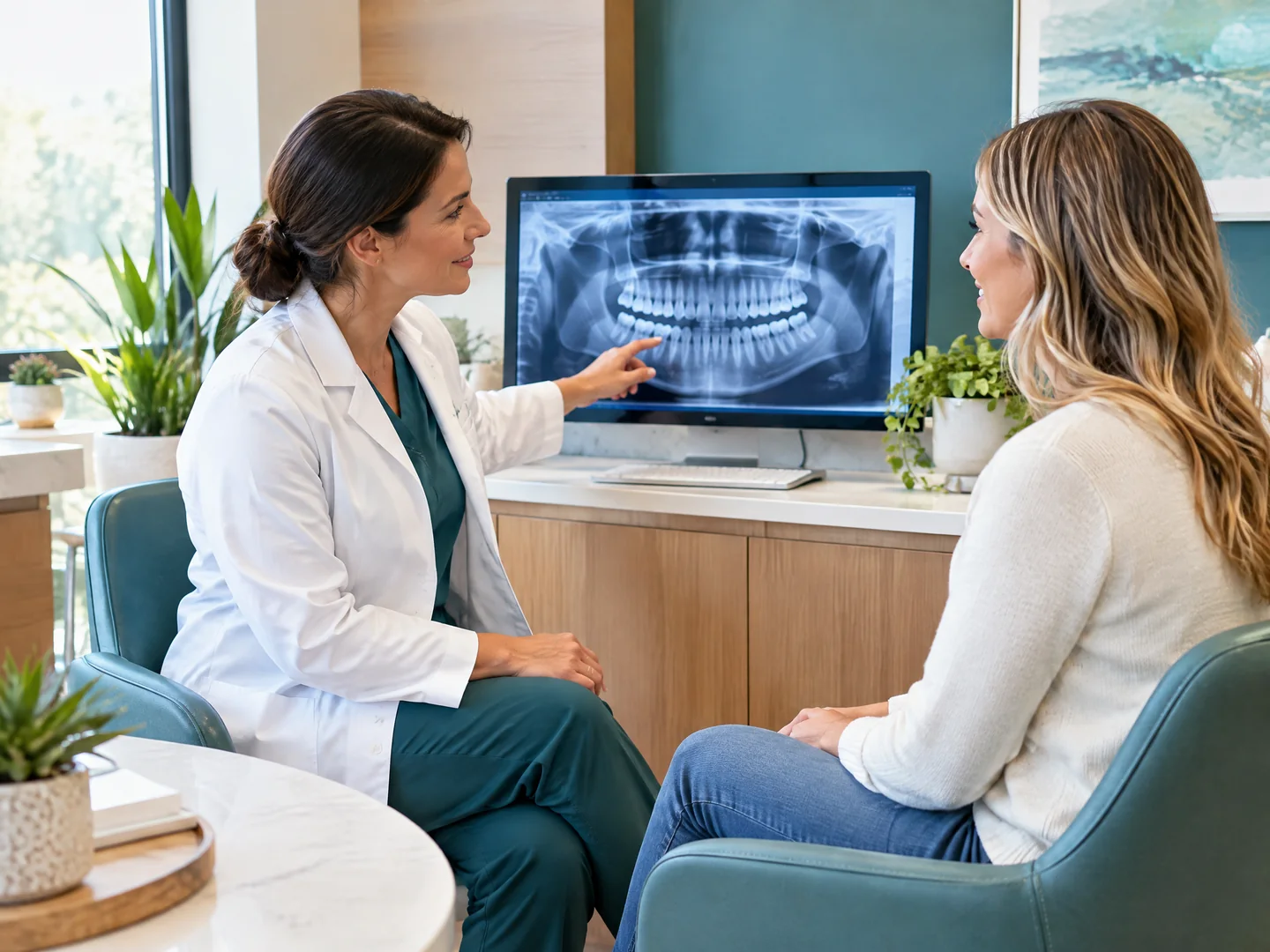 Dentist and patient reviewing a digital dental image during a preventive consultation