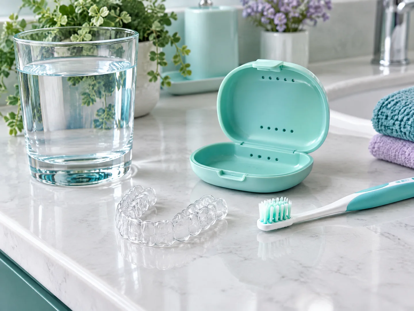 Clear retainer beside a ventilated case, soft brush, and cool water
