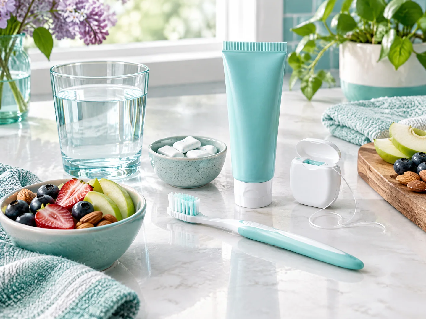 Water, sugar-free gum, toothbrush, fluoride toothpaste, and floss on a counter