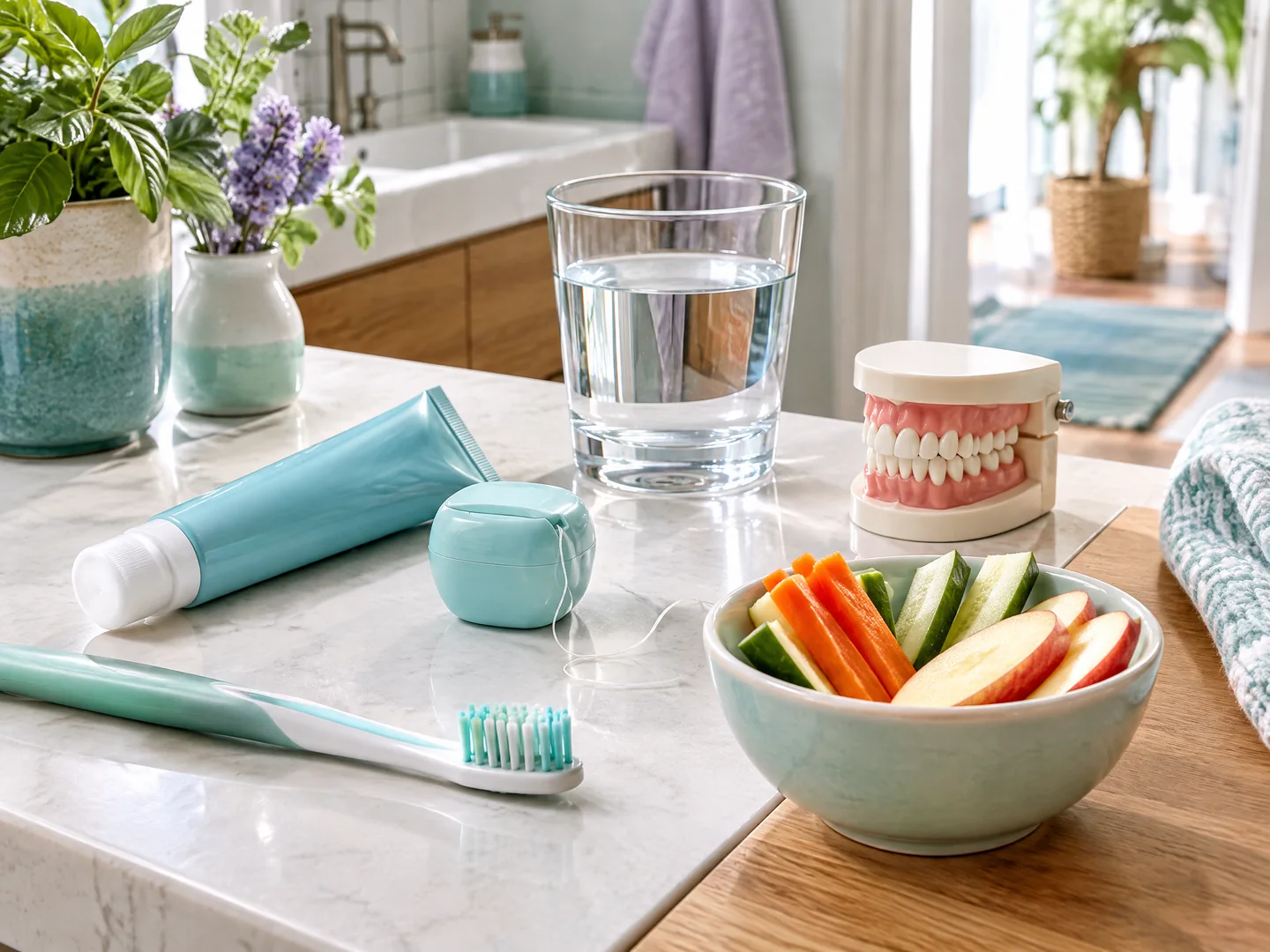 Soft toothbrush, fluoride toothpaste, floss, water, and a healthy snack for tooth-decay prevention