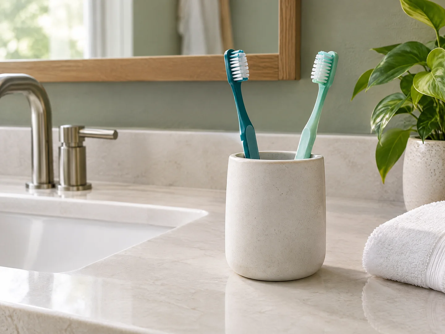 Two toothbrushes stored upright and uncovered with space between their bristles