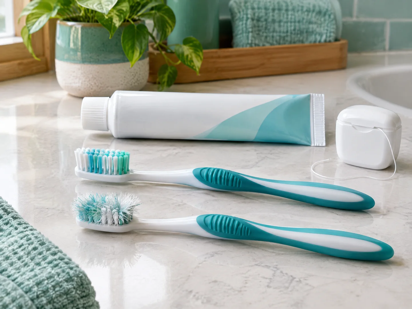 Fresh soft toothbrush beside a worn toothbrush with splayed bristles, toothpaste, and floss